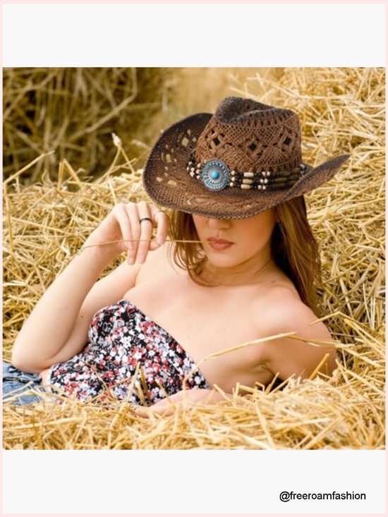 Western Straw Cowboy Hat with Decorative Bands and Earrings Cowgirl Sun Hat for main image 4